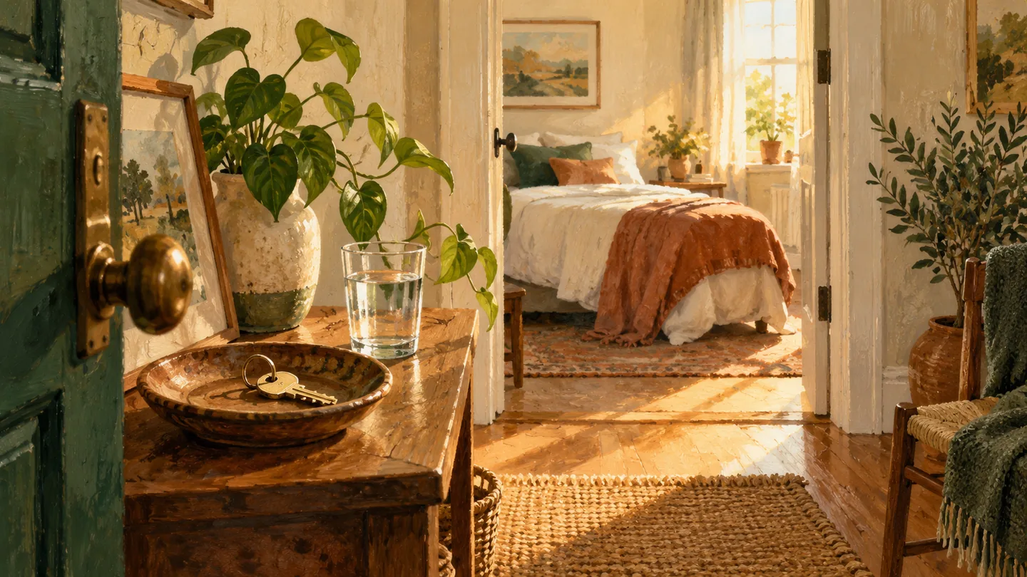 A key and glass of water by the door of a modest sunlit home.