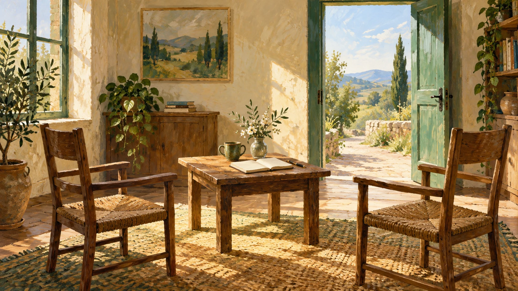 Two empty wooden chairs, a notebook and an open doorway in a sunlit room, painted as a symbolic scene of listening and care.