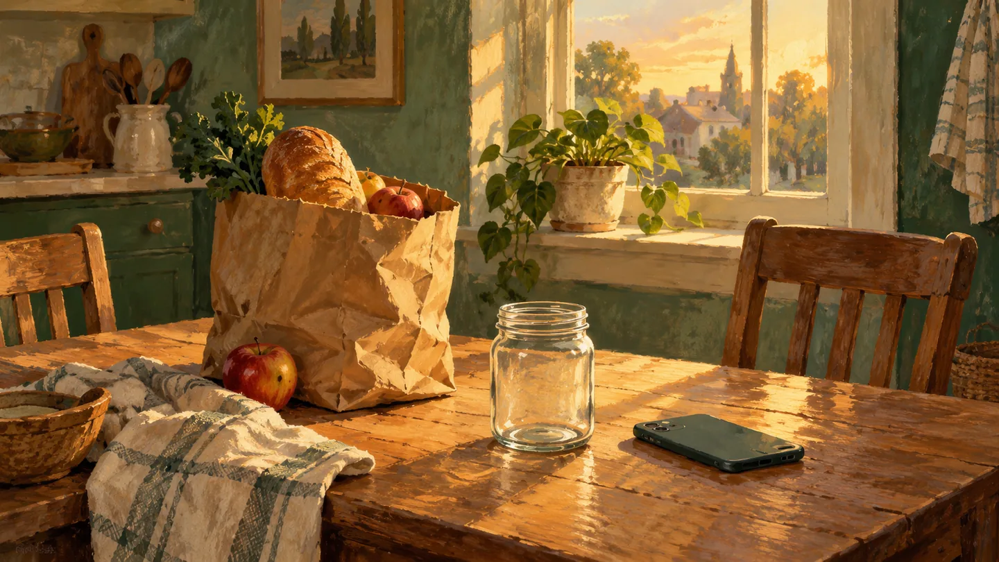 A kitchen table with bread, apples, an empty jar and a face-down phone.