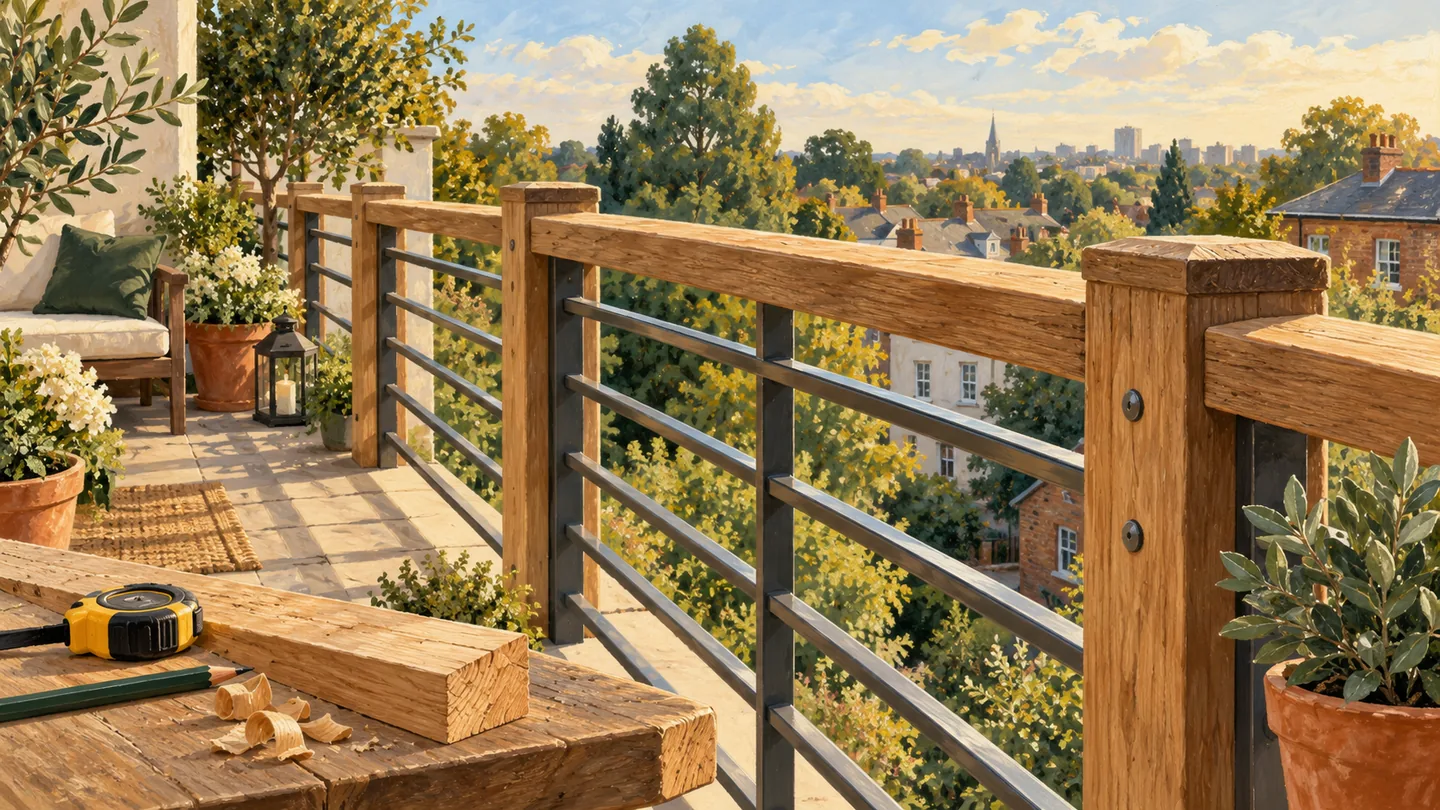 A terrace railing beside wooden boards and a measuring tool.