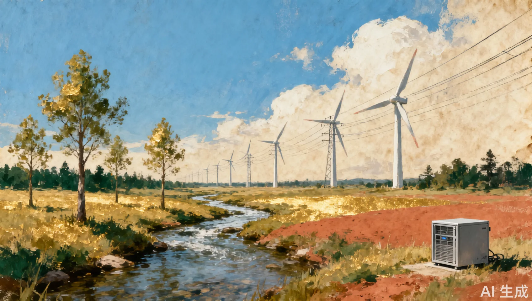 Painted editorial landscape where a small server cabinet, power lines, trees, and a stream share one balanced horizon.