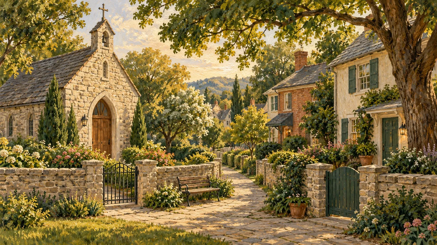 A small chapel and neighboring houses sharing a tree-lined path.
