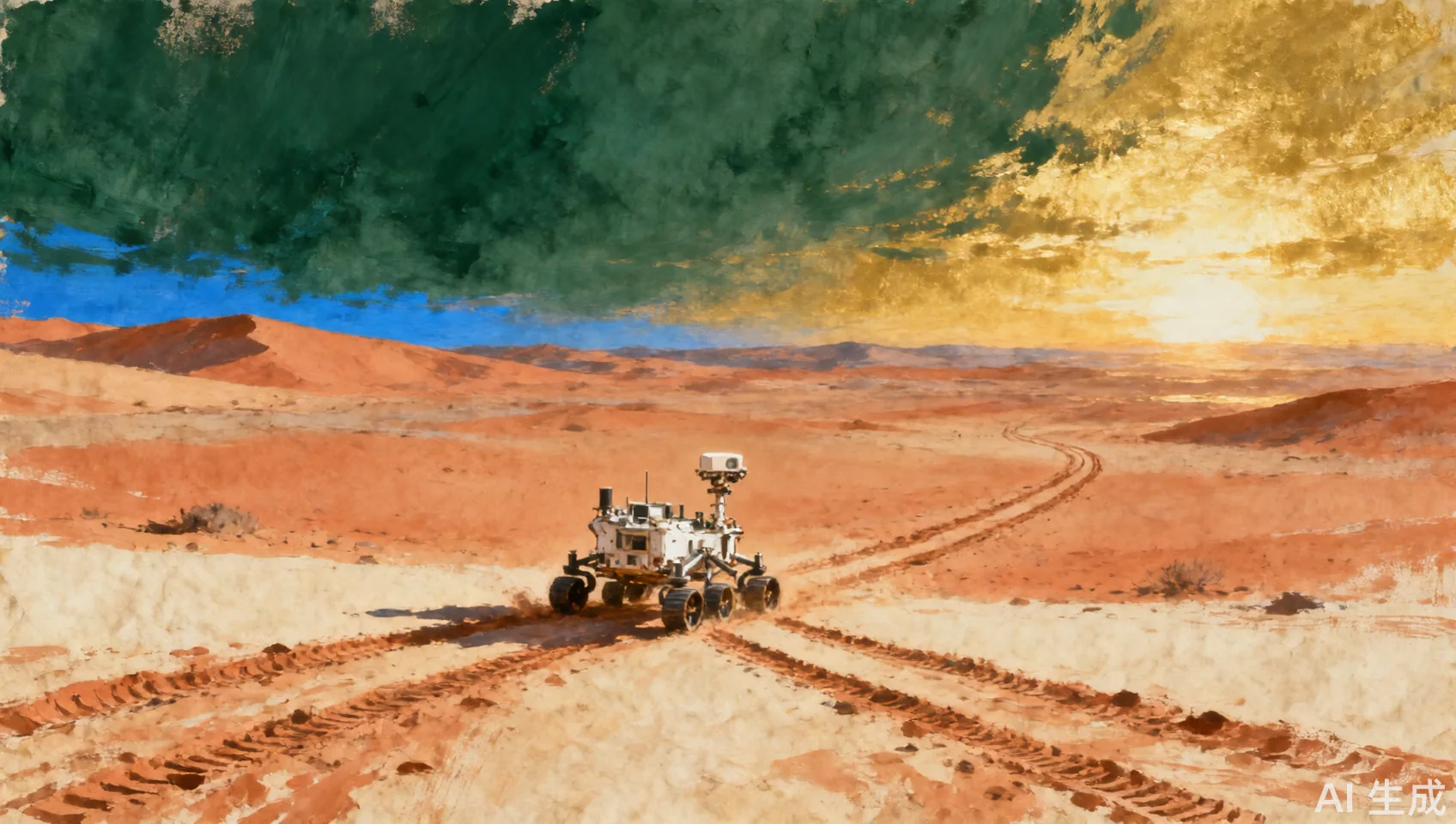 Painted editorial view of a small rover crossing a broad ochre landscape, with a long trail and two colors of dawn and evening sky.
