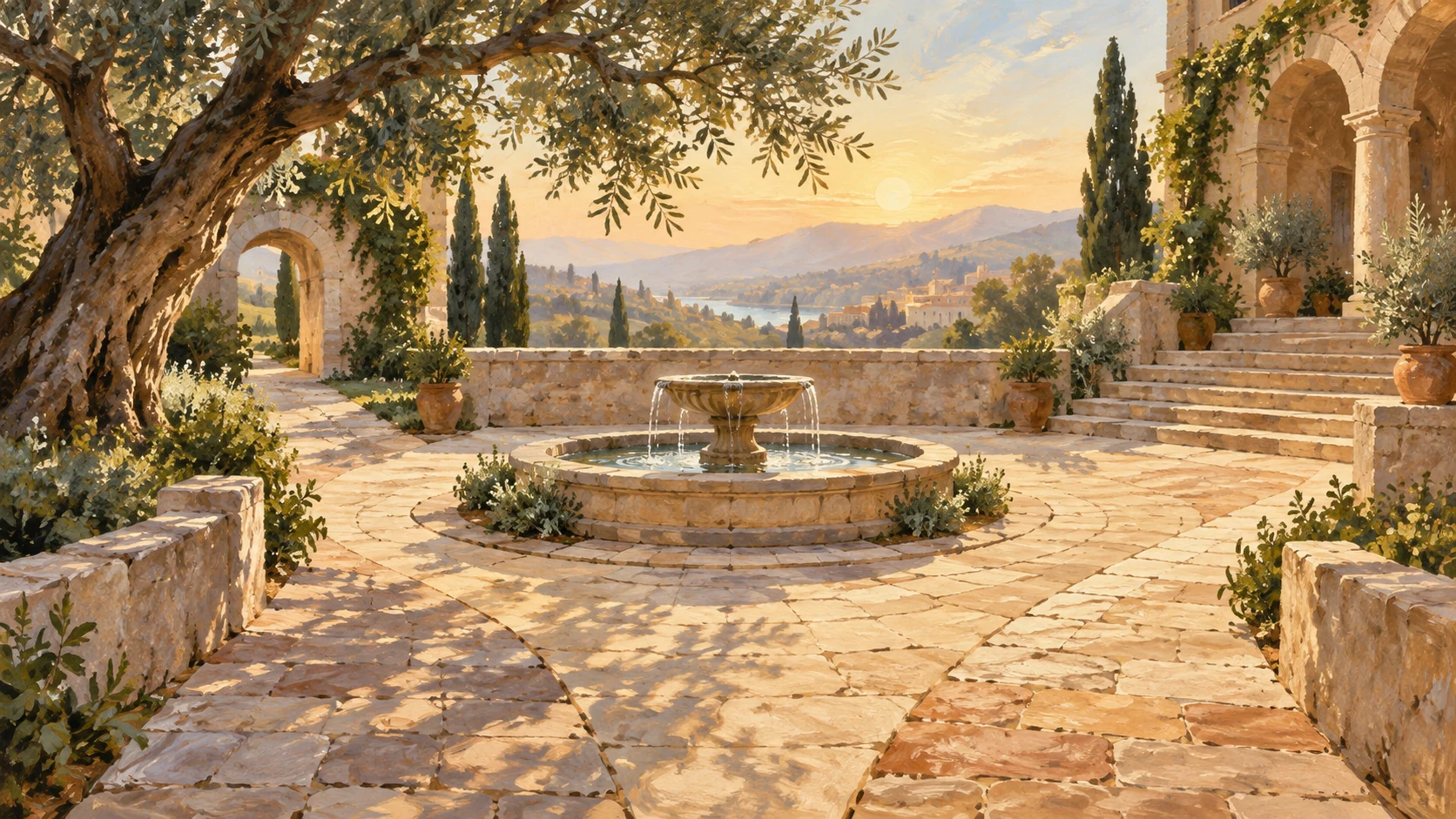 A quiet stone courtyard with a fountain, an olive tree and open paths in morning light, painted as a symbolic place for patient deliberation.