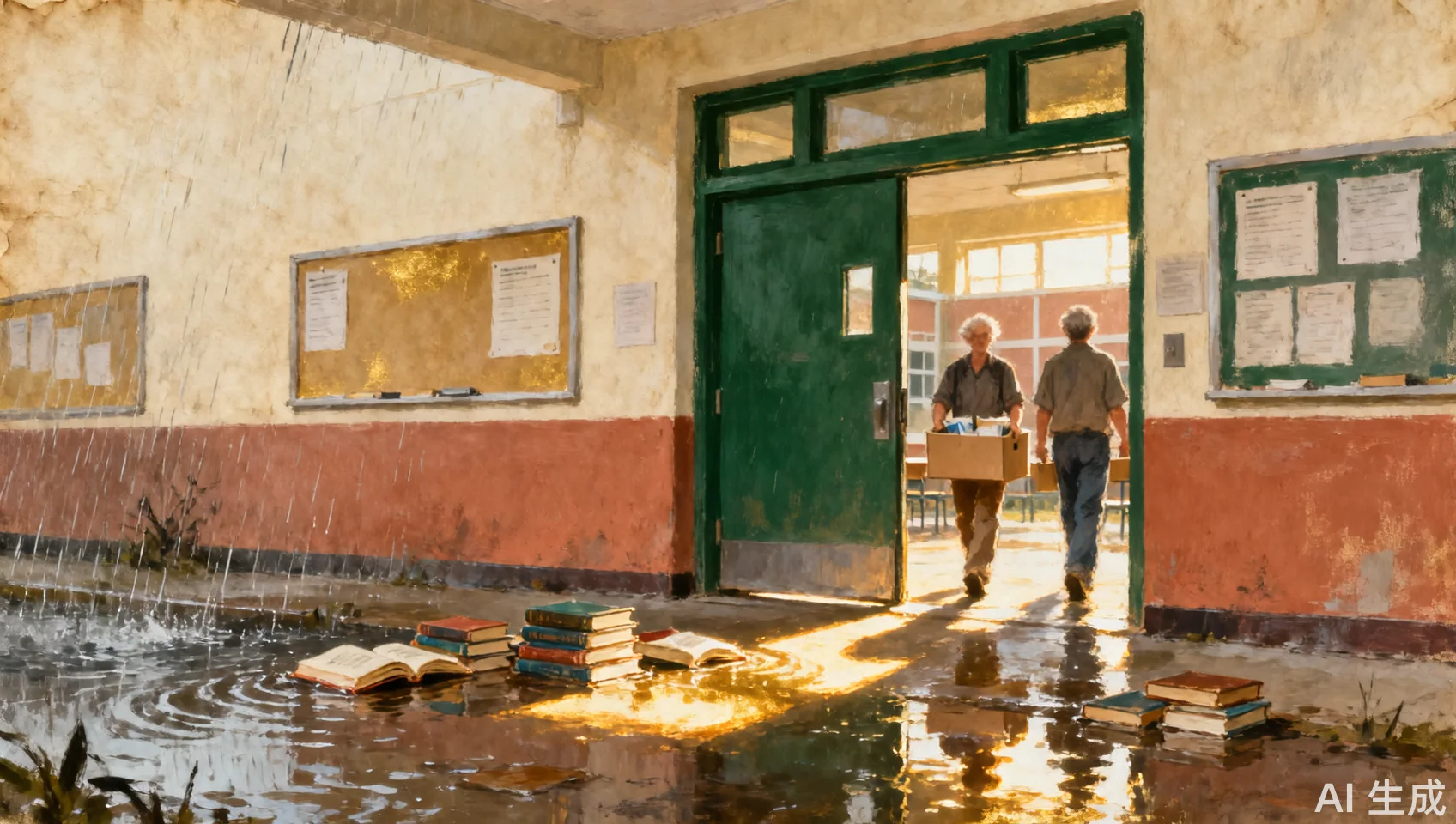 Painted editorial scene of a school doorway after a storm, with books drying in sunlight and neighbors carrying clean supplies.
