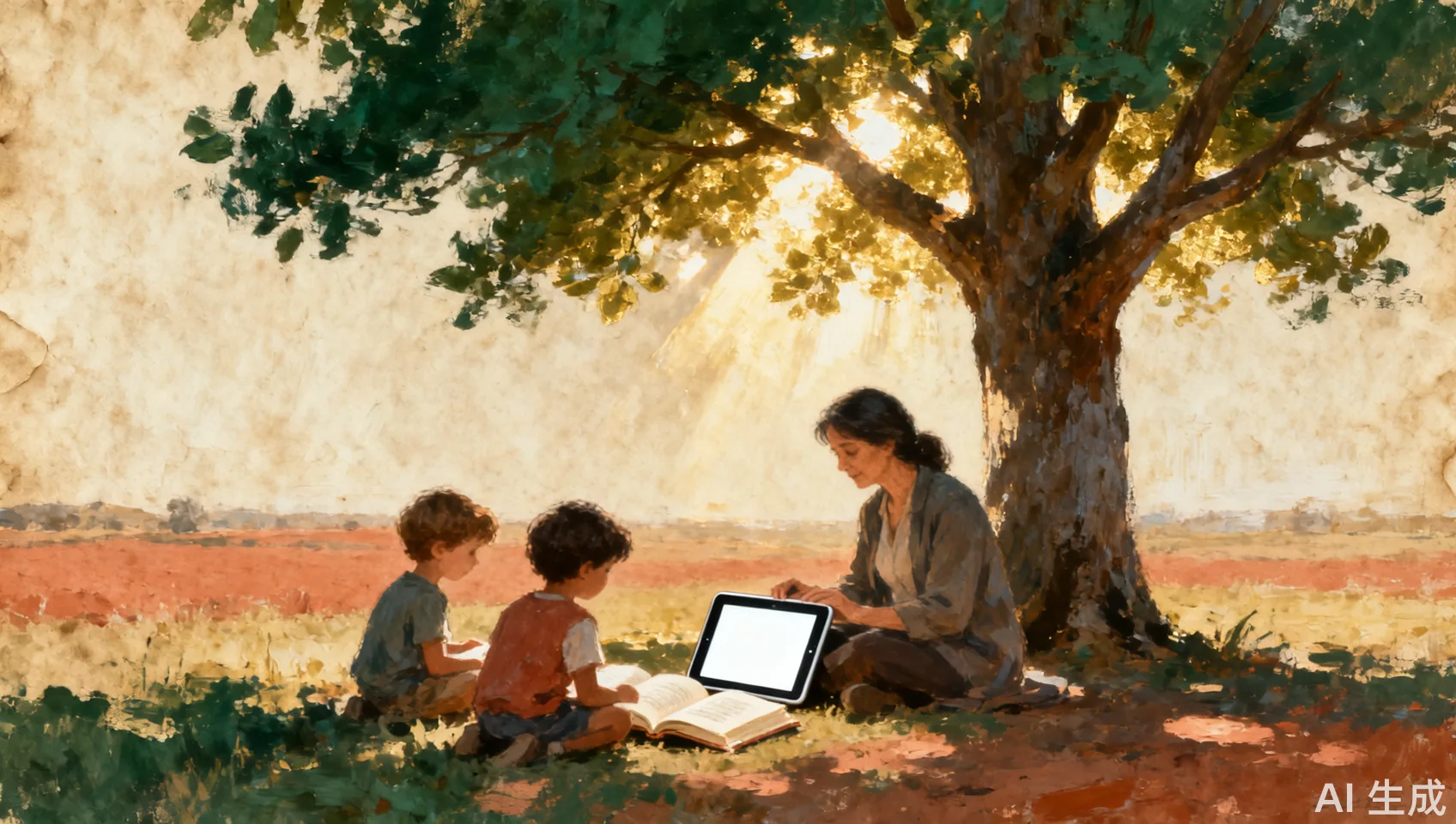 Painted editorial scene of children and a teacher gathered around books and a simple tablet beneath a shaded tree.