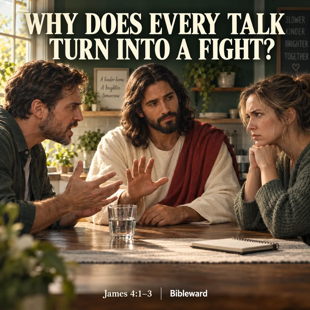 AI-generated symbolic scene: Jesus sits with two adults in a tense conversation. Text: Why does every talk turn into a fight? James 4:1–3.