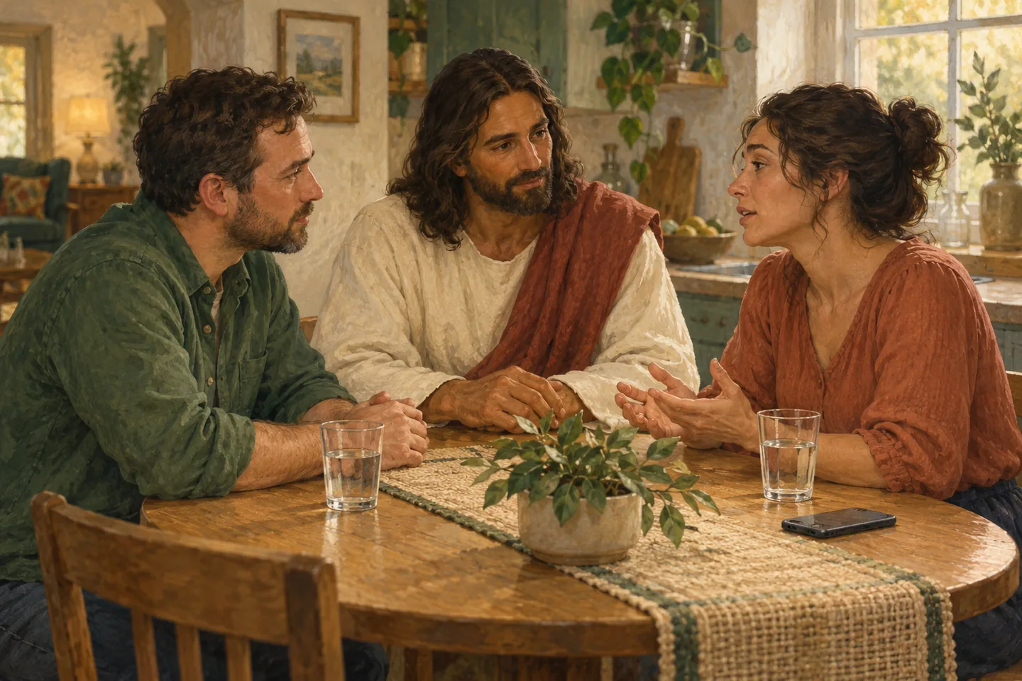 AI-generated symbolic scene: Jesus sits with two adults who have paused to listen during a disagreement.