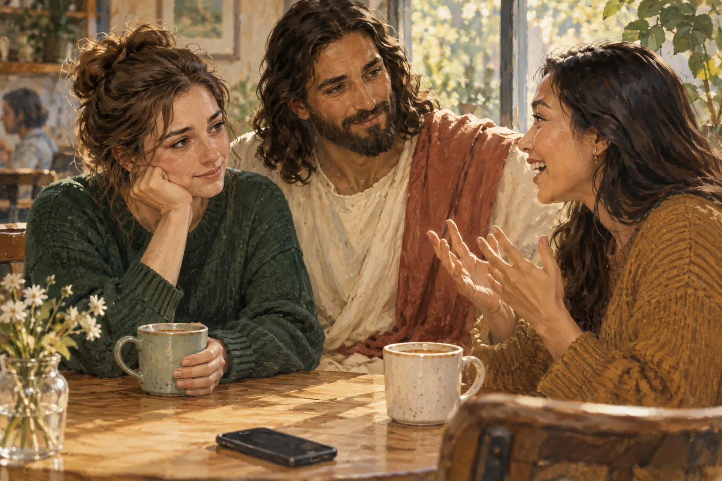 AI-generated symbolic scene: Jesus sits with two women as one listens to her friend's good news.