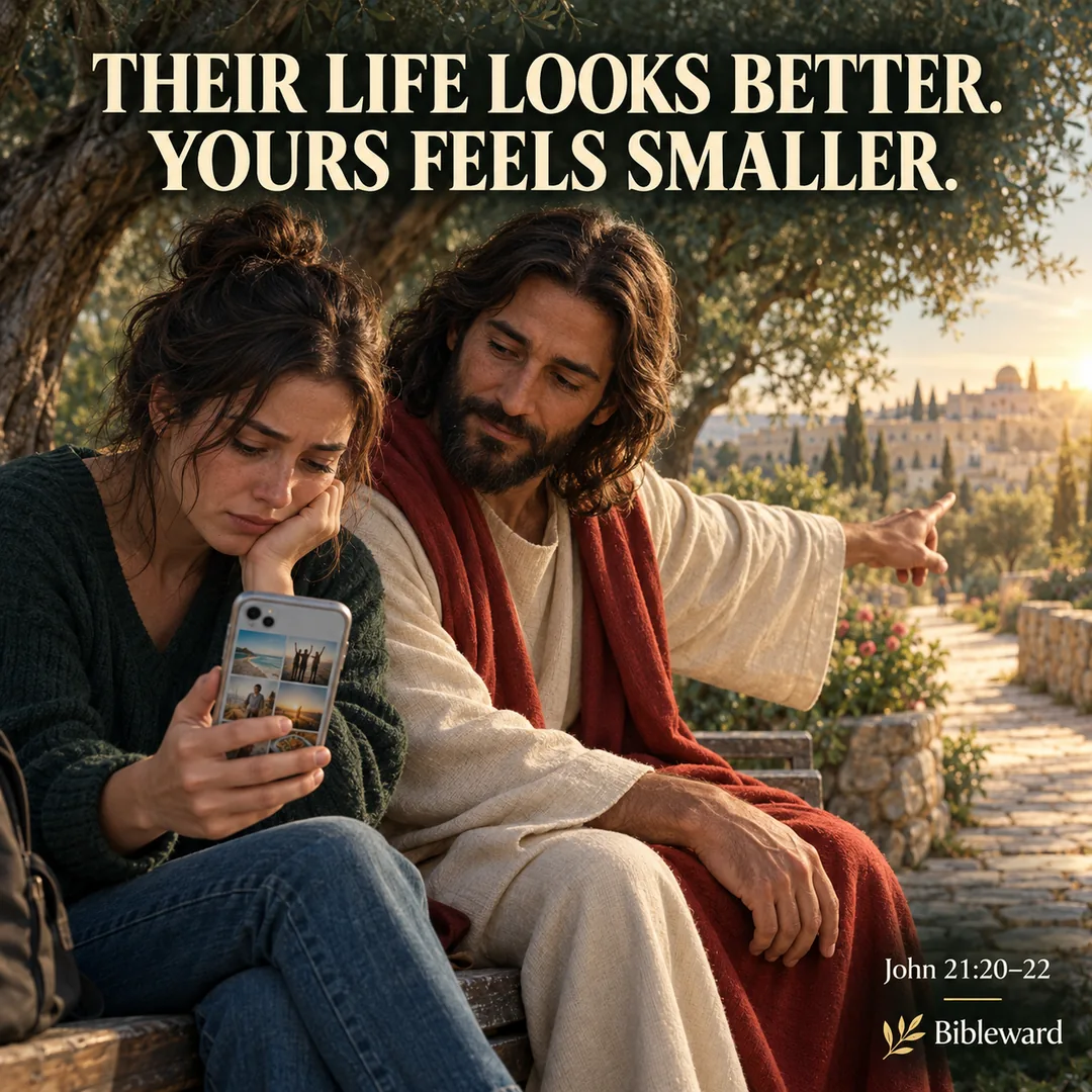 AI-generated symbolic scene: Jesus sits beside a woman comparing her life on her phone. Text: Their life looks better. Yours feels smaller. John 21:20–22.