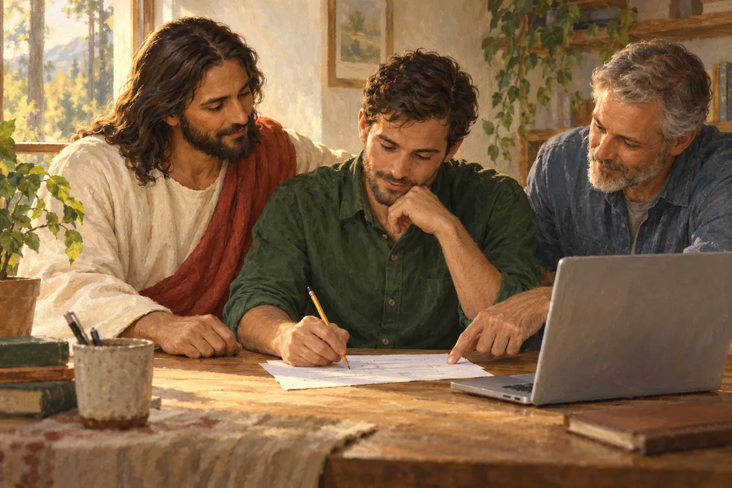 AI-generated symbolic scene: Jesus sits beside a man receiving practical feedback from an older friend.