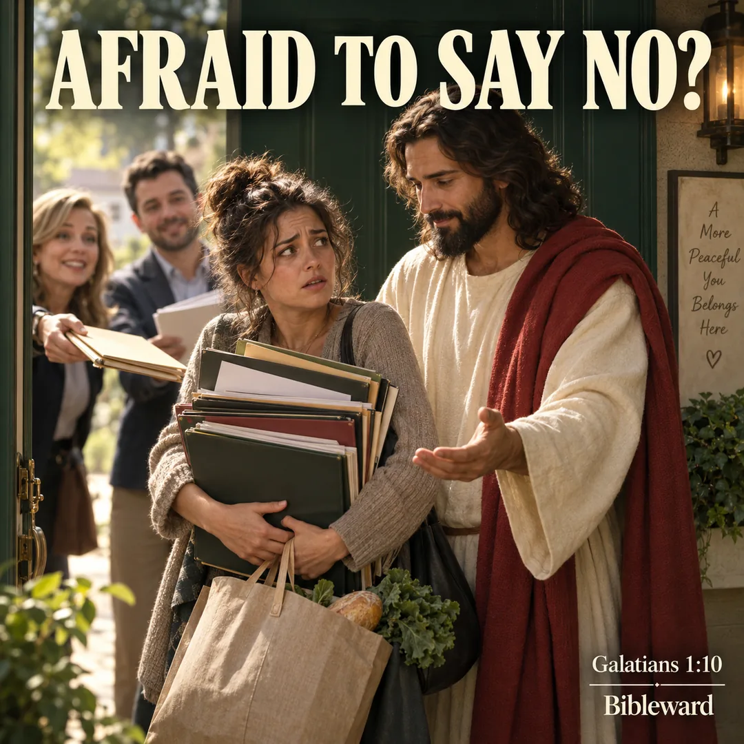 AI-generated symbolic scene: Jesus stands beside an overwhelmed adult carrying tasks. Text: Afraid to say no? Galatians 1:10.