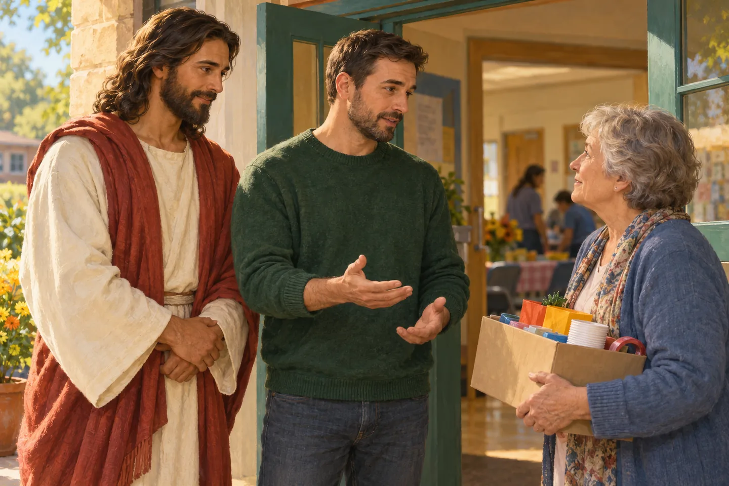 AI-generated symbolic scene: Jesus stands beside a man calmly discussing a request with a woman holding supplies.
