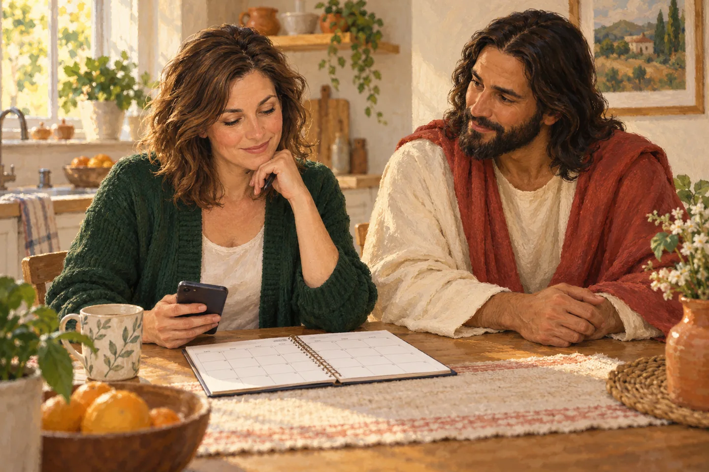 AI-generated symbolic scene: Jesus sits beside a woman pausing with her phone and an open calendar.