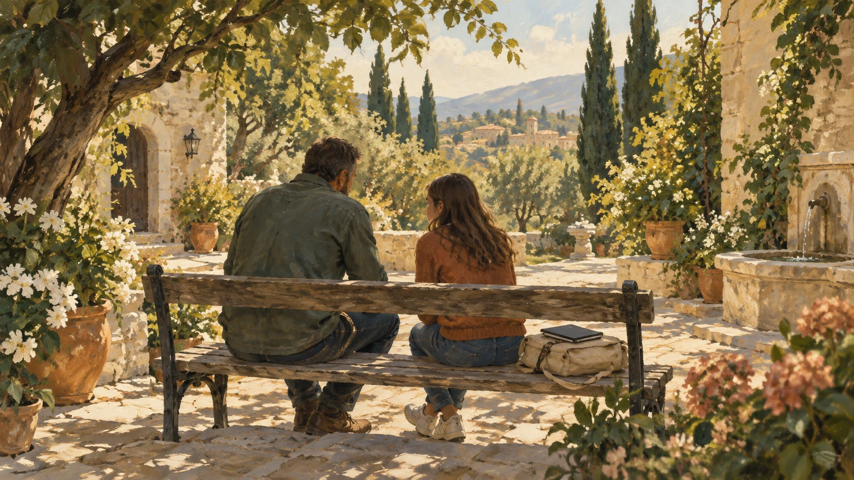An adult and teenager seen from behind talking on a garden bench, with a closed tablet beside them, in a warm painterly scene.