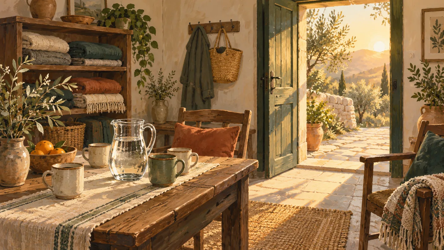 A welcoming room with cups, water, blankets and an open doorway.