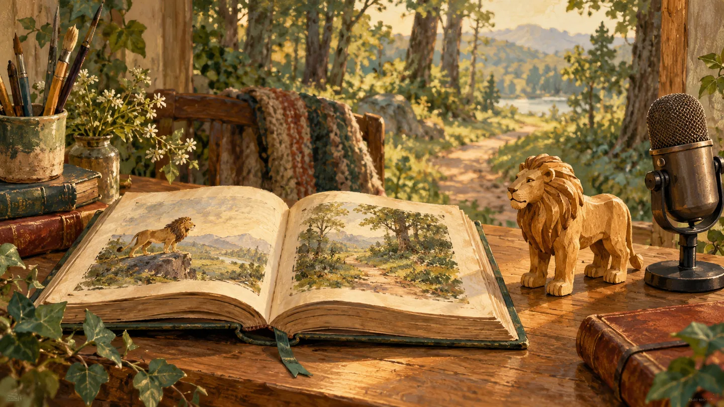 An open storybook, carved wooden lion and microphone beside a sunlit woodland path.