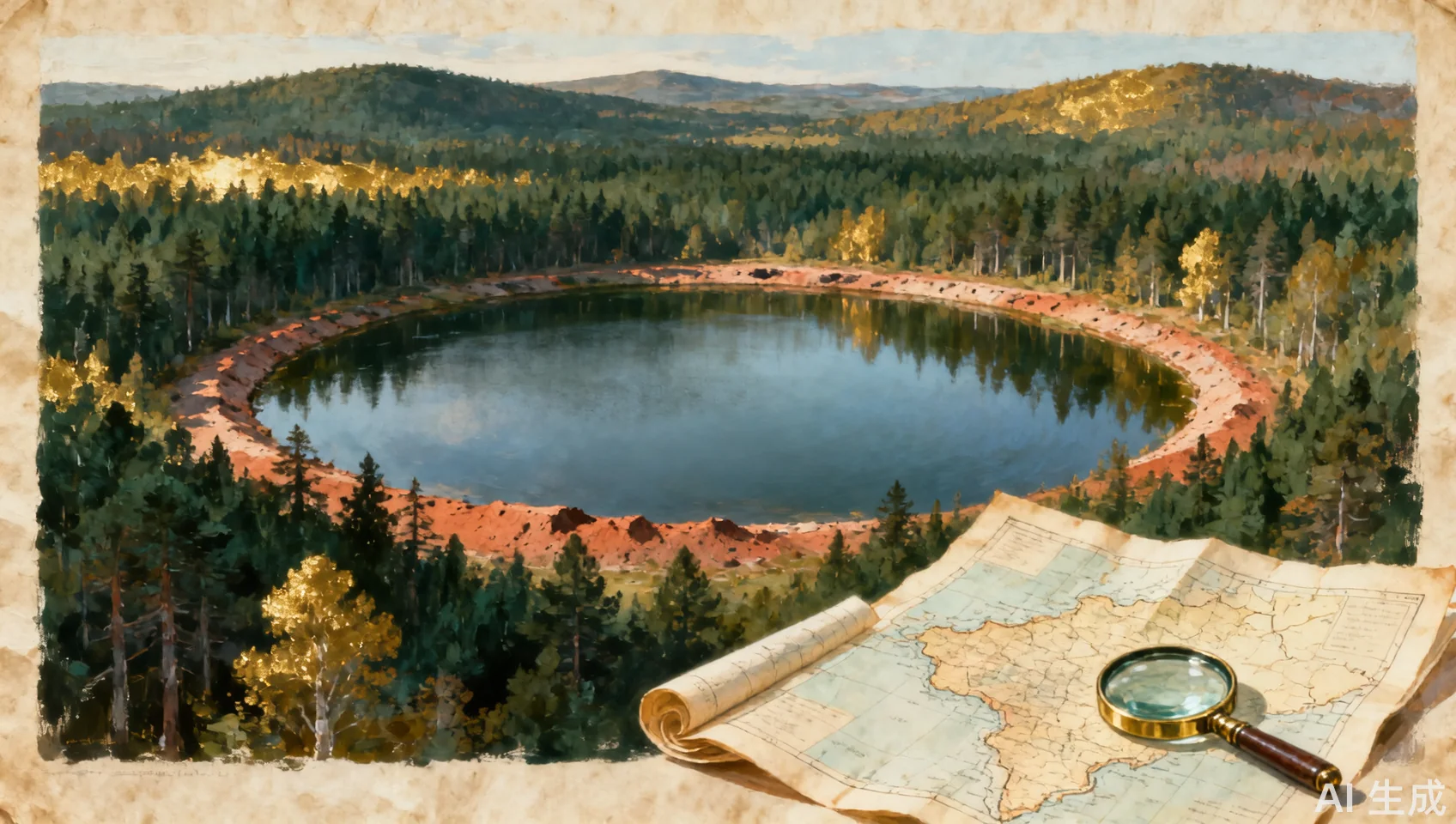 Painted aerial editorial landscape of a circular lake and forest, with a small map and magnifying glass resting at the edge.
