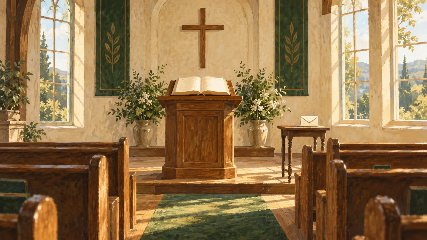 An empty church with a wooden lectern and a plain envelope on a separate table.