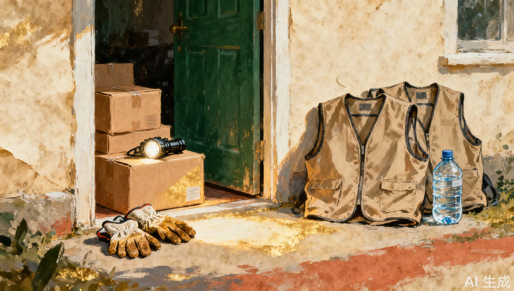 Painted editorial scene of packed relief boxes, work gloves, a flashlight, and several empty volunteer vests ready by a doorway.