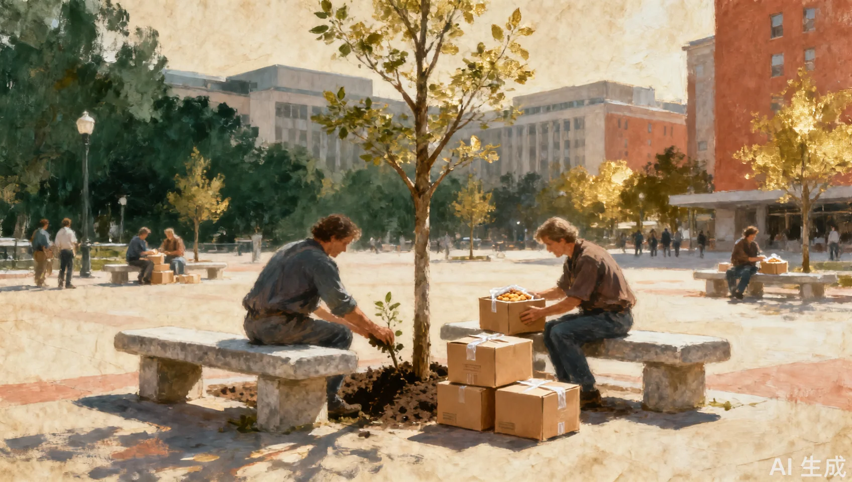 Painted editorial scene of volunteers planting a young tree beside simple memorial stones in soft morning light.