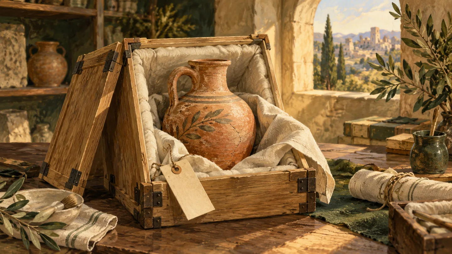 A terracotta jug resting in a padded wooden crate with a blank tag.