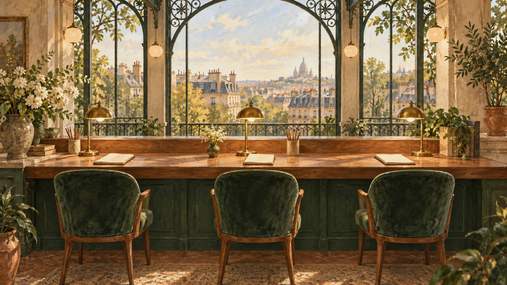 Three equally visible workstations at one open counter in a sunlit Parisian hall, painted as a symbolic welcome for every colleague.