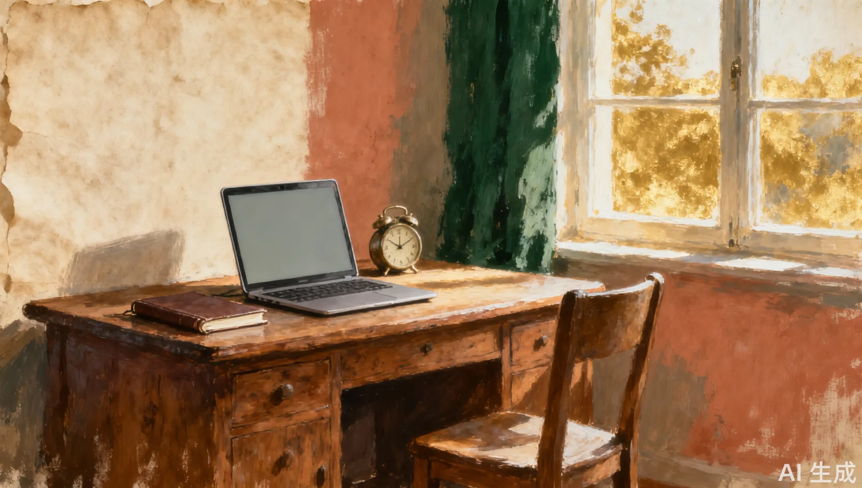 Painted editorial scene of a quiet desk, an open laptop, a stopped clock, and an empty chair beside a sunlit window.