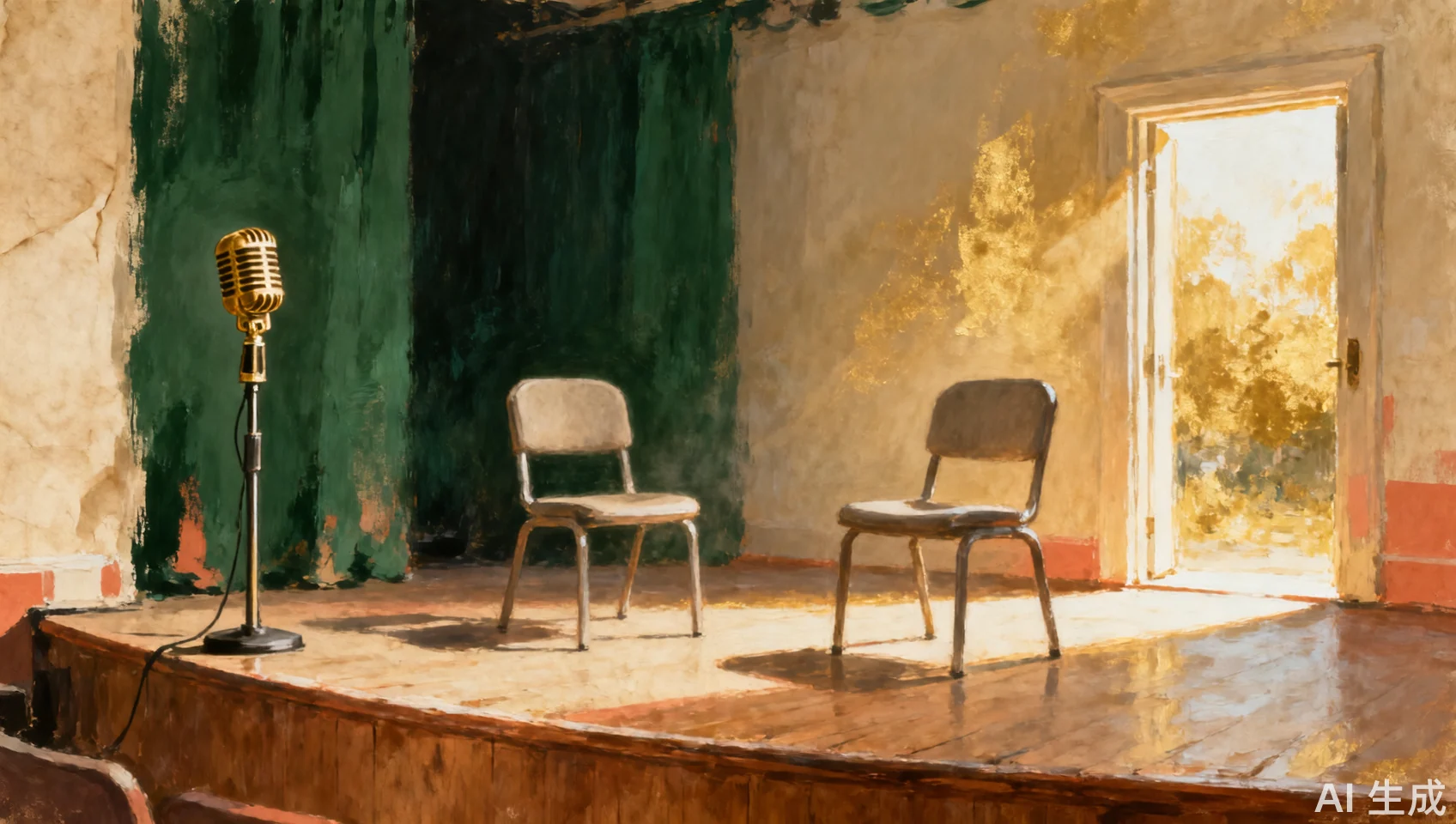 Painted editorial scene of an empty microphone and two chairs facing each other in warm light.