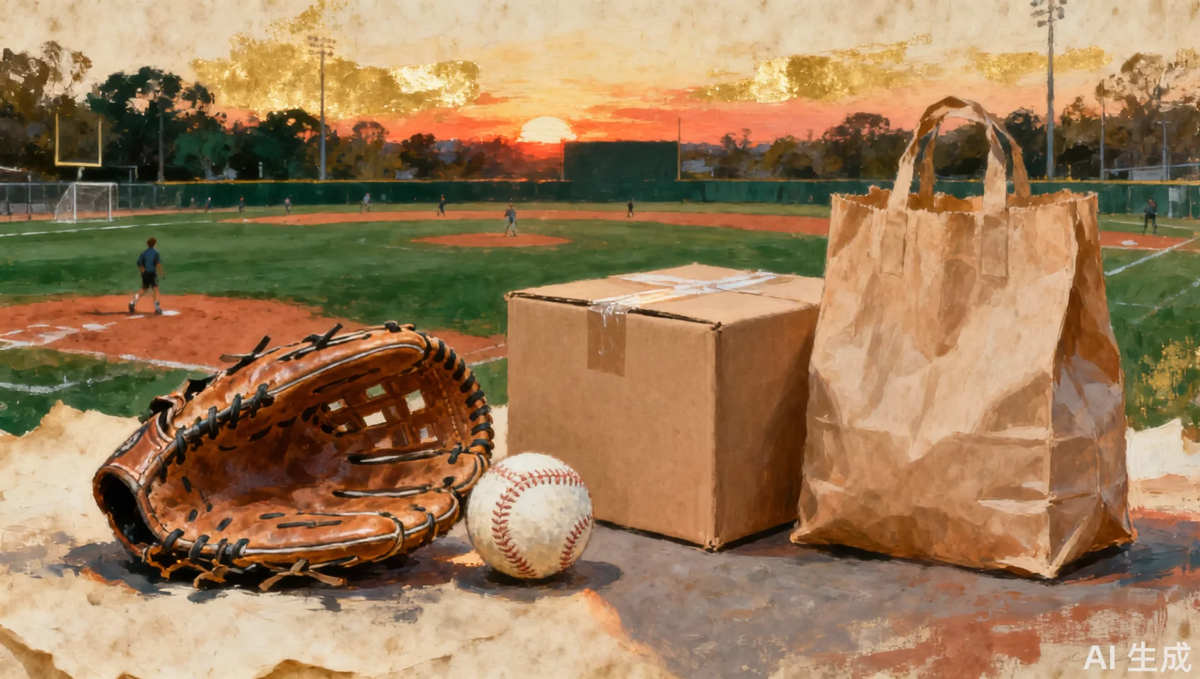 Painted editorial still life of a baseball glove beside donated books, groceries, and a community field at sunset.