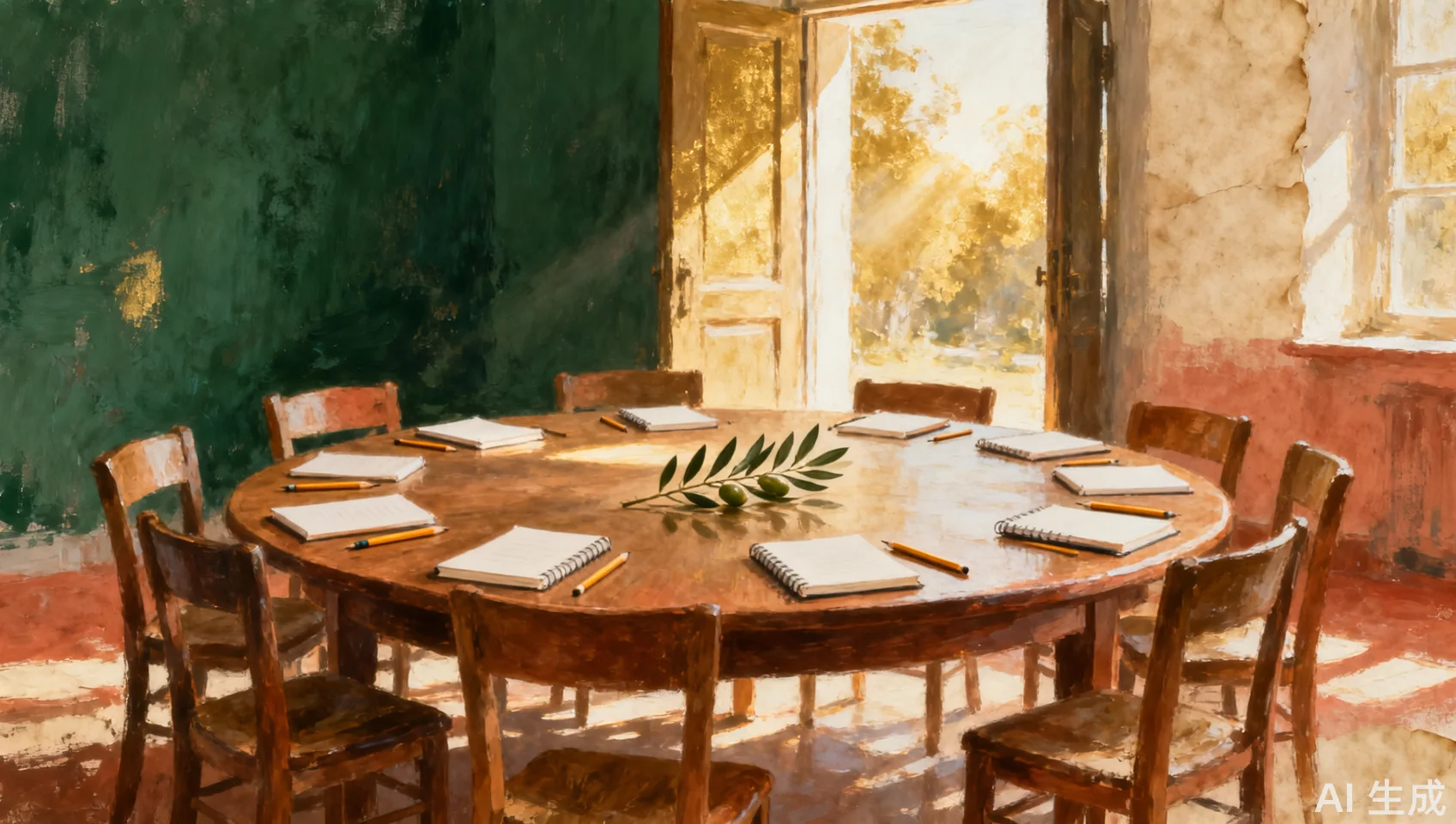 Painted editorial scene of an open round table with many empty chairs, notebooks, and a single olive branch in daylight.