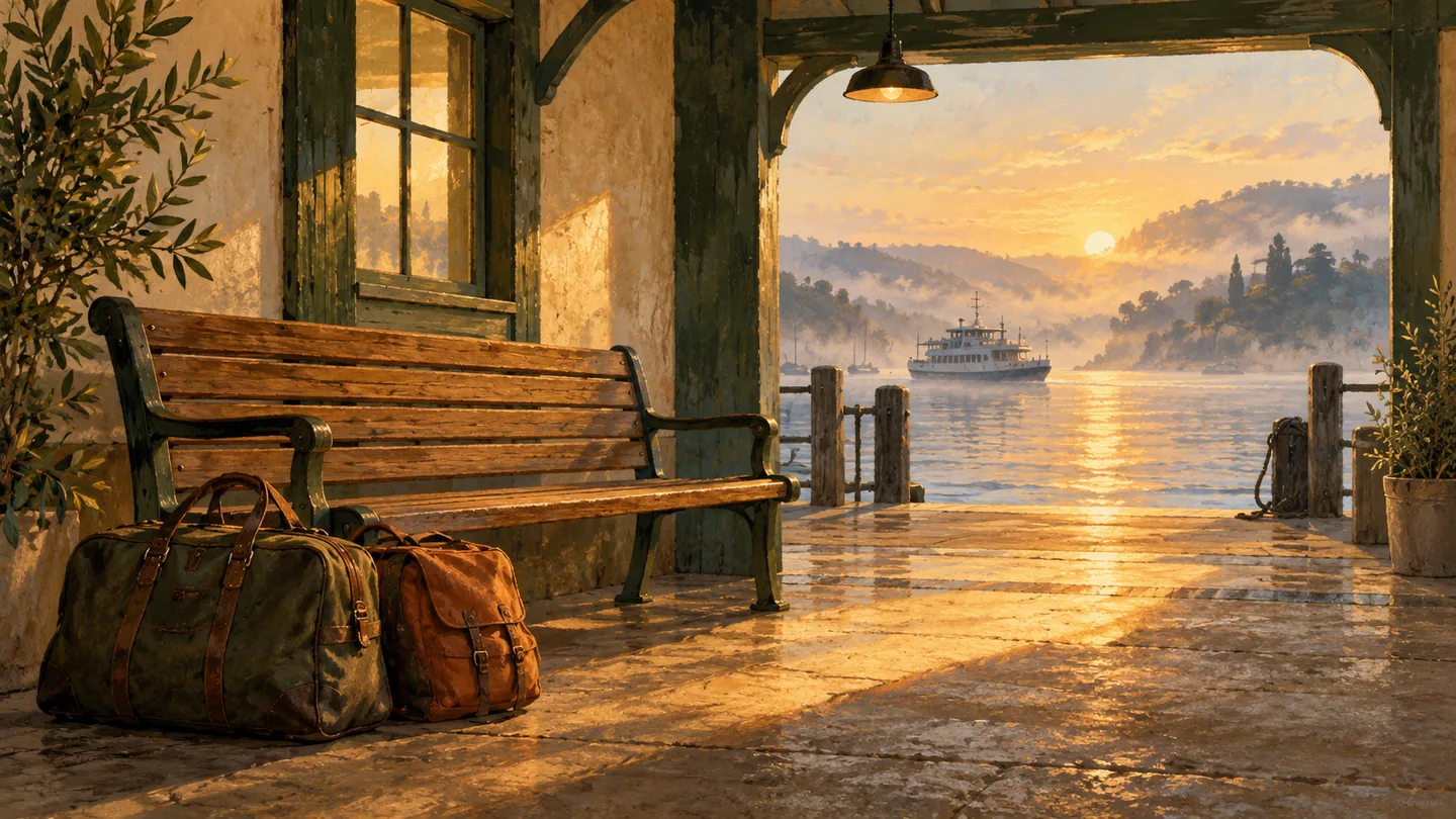 Two travel bags on a bench overlooking a harbor and distant ferry.