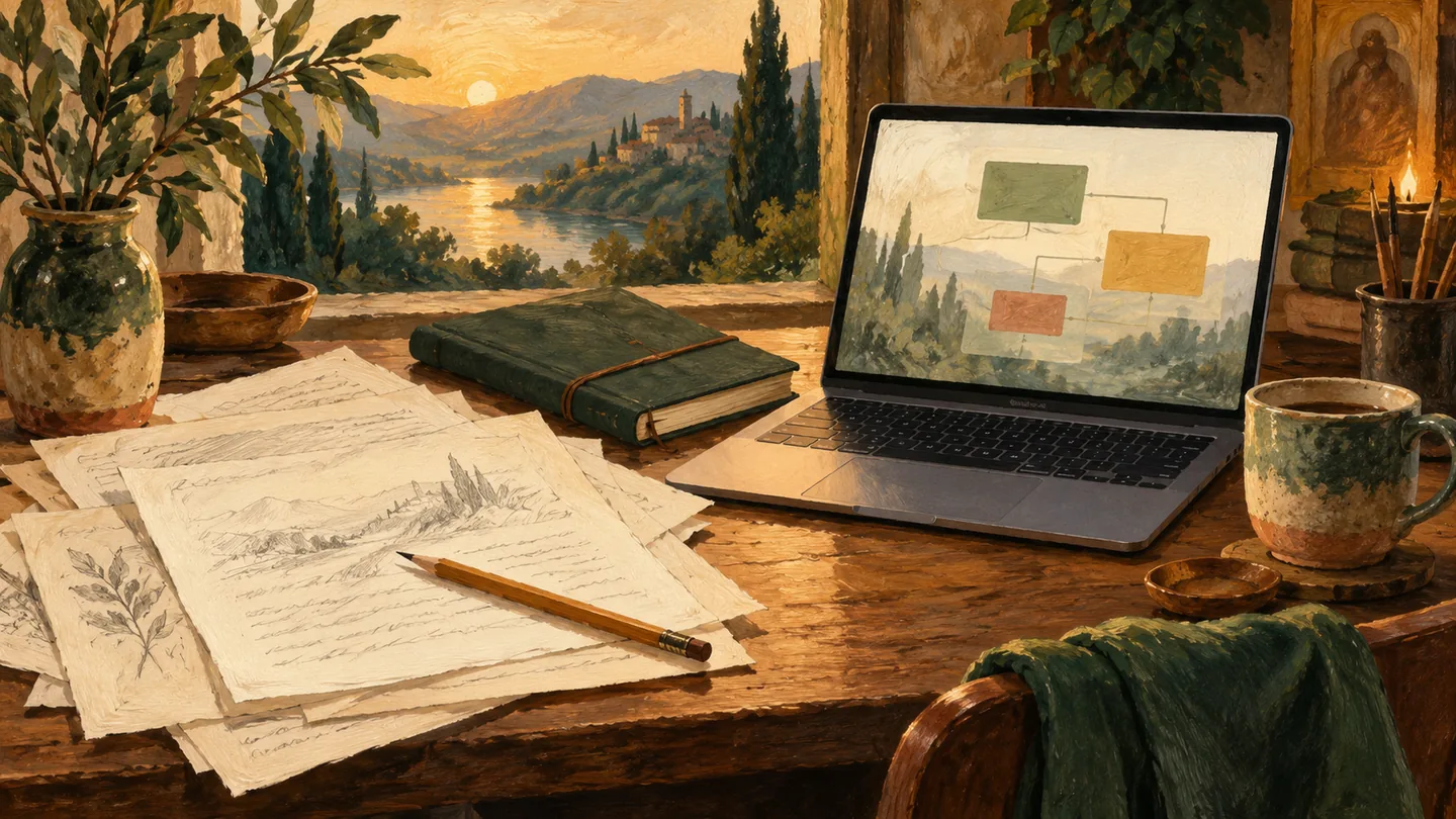 A notebook, pencil and papers beside a laptop showing abstract shapes.