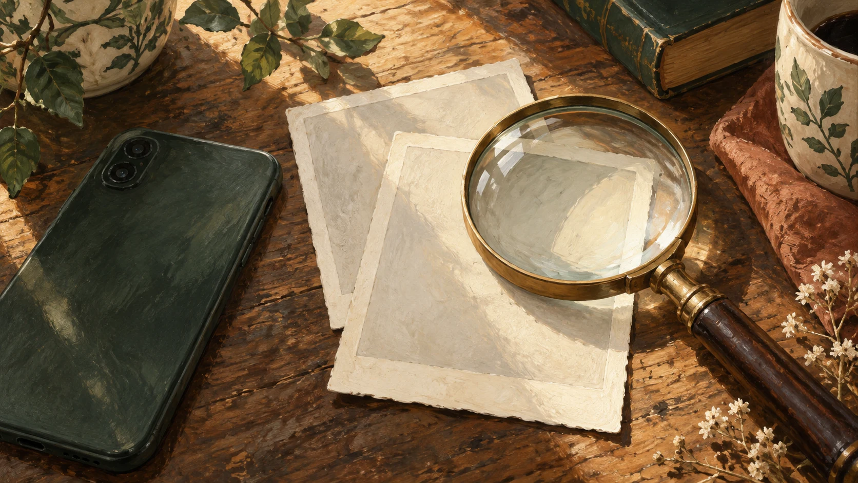 A face-down phone, a magnifying glass and papers on a warmly lit desk, painted as a symbolic pause to check a claim before sharing.