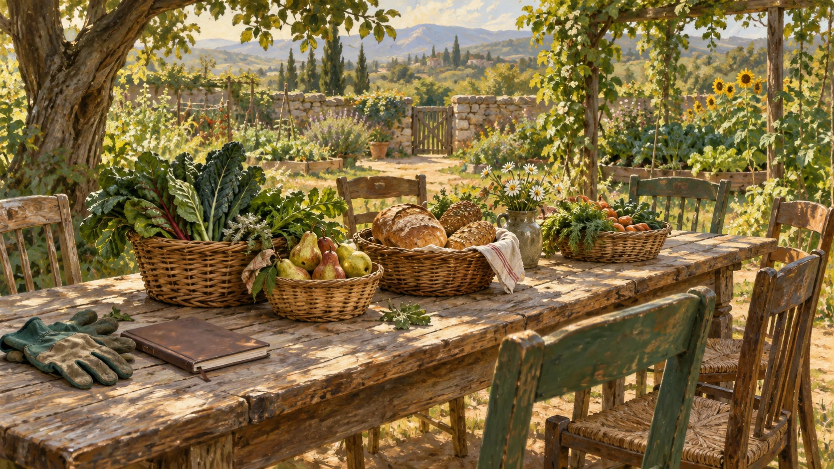 Baskets of pears, bread and vegetables on a garden table with empty chairs, gloves and a notebook, painted as a symbolic scene of stewardship.