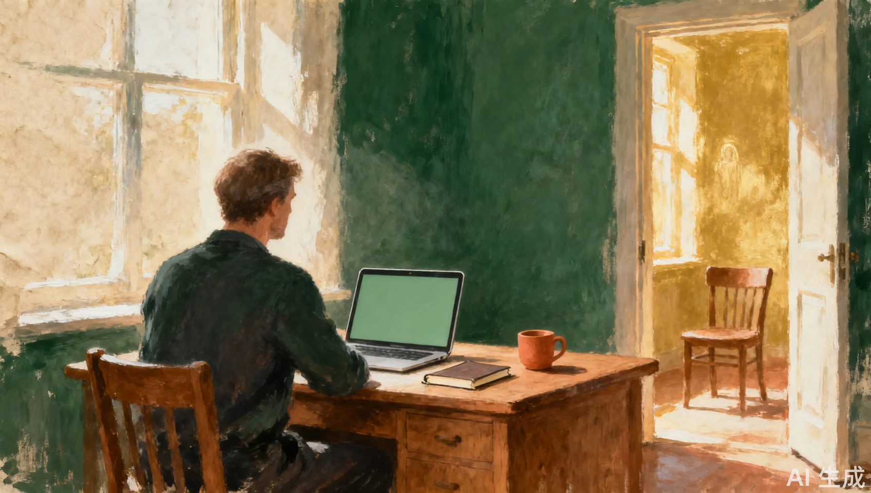 Painted editorial scene of an anonymous adult at a desk with a laptop, with an open doorway and a second chair nearby.